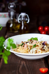 spaghetti with mushrooms and ham in cream sauce