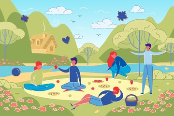 Friends and Couples on Picnic at Park or Forest.