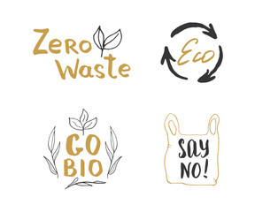 Eco and Bio Hand Drawn labels Set. Calligraphic Letterings with eco friendly sketch doodle elements. Vector illustration
