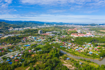 Fototapeta na wymiar Aerial drone image of beautiful rural town of Menggatal Town, Sabah, Malaysia