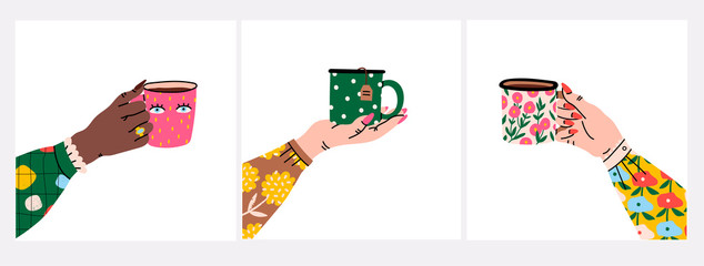 Female hands holding cups or mugs with tea. Side view. Flower prints on sleeve and cups. Set of three hand drawn colored trendy vector illustrations. Cartoon style. Flat design. 
