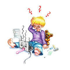 Junge Kleinkind sitzt barfuß Beine gestreckt vor rauchendem Laptop Tablet Computer defekt raucht Zunge rausgestreckt Teddy versteckt sich  Überrascht verwundert Werkzeug am Kopf kratzen