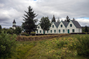 Church yard and the famous houses from thingvellir national park in iceland.