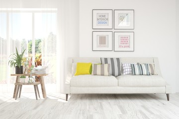 Fototapeta premium Stylish room in white color with sofa. Scandinavian interior design. 3D illustration
