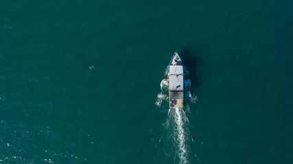 Aerial image of fisherman boat moving on open sea at Kudat, Sabah, Borneo