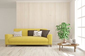 Stylish room in white color with sofa. Scandinavian interior design. 3D illustration