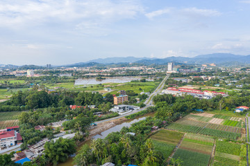 Aerial view of beautiful paddy field surrounding by small town at Penampang, Sabah, Borneo 