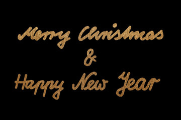 Christmas greetings in hand written golden lettering isolated on black background