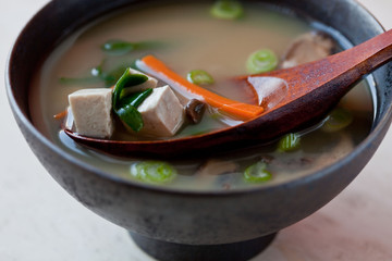 Close up of miso soup with tofu served in bowl