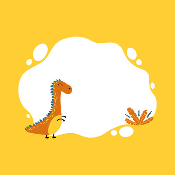 Dinosaur. Vector illustration of a dino with a blot frame in simple cartoon hand-drawn style. Template for your text or photo. Ideal for cards, invitations, party, kindergarten, preschool 