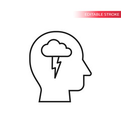 Human head with cloud and lighting bolt, brainstorm, thin line icon. Human head, brainstorming concept symbol. Editable outline.