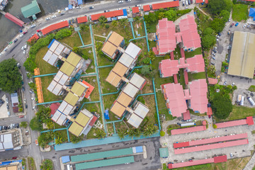 An aerial image of local water village houses at Kg. Sim Sim water village Sandakan City, Sabah,...