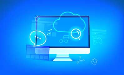 Modern cloud technology concept illustration. Modern computer with shining icons and cloud