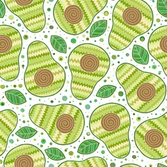 Foto op Plexiglas Avocado Naadloos avocadopatroon, avocadoplakken, bladeren op witte achtergrond.