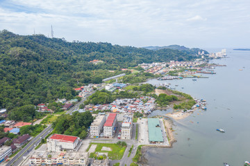 An aerial image of Sandakan City Skyline of Kota Kinabalu, Sabah, Malaysia. Sandakan once known as...