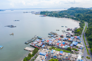 An aerial image of Sandakan City Skyline of Kota Kinabalu, Sabah, Malaysia. Sandakan once known as...