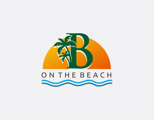 Sunset, Beach and Palm Tree Letter B Logo Icon. Perfect for surfing shop, sport, Tour and Travel.  