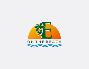 Sunset, Beach and Palm Tree Letter E Logo Icon. Perfect for surfing shop, sport, Tour and Travel.  
