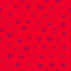 Seamless pattern of different hearts. Vector red background