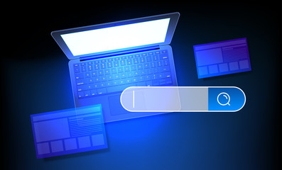 Internet search concept illustration. Modern laptop with shining screen
