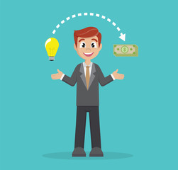 Cartoon character, Businessman change ideas into money.