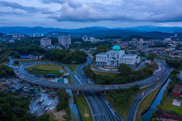 Kota Kinabalu, Sabah, Malaysia-September 28, 2019 : Aerial image of  Kota Kinabalu City during dramatic bad weather cloudy day at Kota Kinabalu City, Sabah, Malaysia