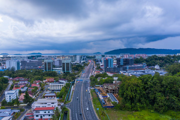 Kota Kinabalu, Sabah, Malaysia-September 28, 2019 : Aerial image of  Kota Kinabalu City during dramatic bad weather cloudy day at Kota Kinabalu City, Sabah, Malaysia