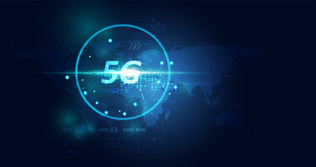 Abstract 5G wireless internet wifi network technology concept map digital internet wireless on blue background.