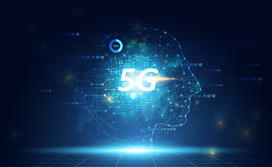 Abstract 5G network technology concept Ai digital internet wireless on blue background.