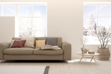 Stylish room in white color with sofa and winter landscape in window. Scandinavian interior design. 3D illustration