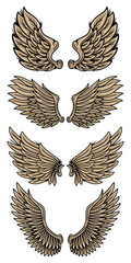 Set colorful vintage retro wings angels and birds isolated vector illustration in tattoo style. Design element.