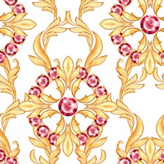 Seamless baroque pattern with ruby gems and golden scrolls