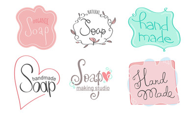 Collection of elegant hand drawn soap labels. Soap logo for handmade studio. Vector templates for soap package design. Cute badges for soap shop, handmade soap products.