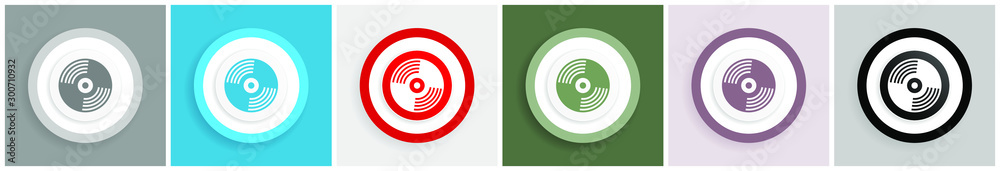 Poster vinyl music icon set, colorful flat design vector illustrations in 6 options for web design and mobi