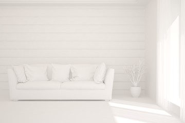 Mock up of stylish room in white color with sofa. Scandinavian interior design. 3D illustration