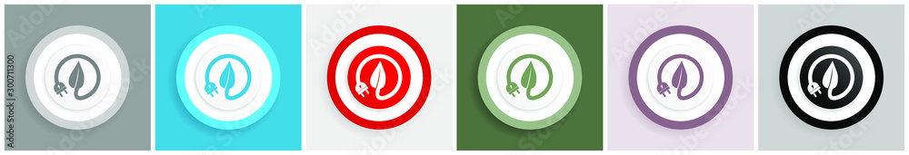 Poster eco electric plug icon set, colorful flat design vector illustrations in 6 options for web design an