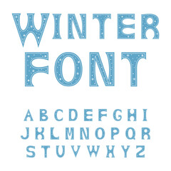 Alphabet letters. Font for winter alphabet decorated with snowflakes. Cartoon flat style. Vector illustration	