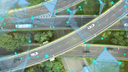Aerial view of road junction with moving cars,Autopilot concept