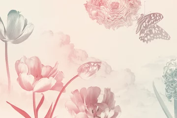 Blumenkarte umrahmt Frühlingsgarten Blumen Tulpen und Schmetterling. Blumendekoration. Naturhintergrund. Illustration im Stil der Ölmalerei. Muster für Banner, Karten, Poster, Hochzeitseinladungen © marinavorona