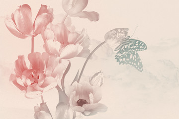 Blumenstrauß aus Frühlingsgartenblumen Tulpen und Schmetterling. Blumendekoration. Naturhintergrund. Illustration Ölgemälde-Stil. Pastellfarbe. Muster für Banner, Karten, Poster, Hochzeitseinladungen. © marinavorona