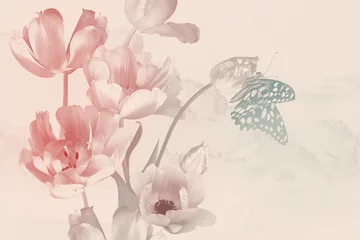 Blumenstrauß aus Frühlingsgartenblumen Tulpen und Schmetterling. Blumendekoration. Naturhintergrund. Illustration Ölgemälde-Stil. Pastellfarbe. Muster für Banner, Karten, Poster, Hochzeitseinladungen. © marinavorona