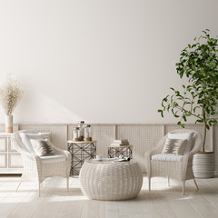 Home interior background, beige room with wicker furniture, Scandinavian style, 3d render