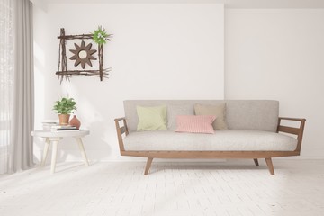 Stylish room in white color with sofa. Scandinavian interior design. 3D illustration