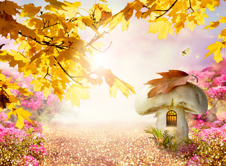 Enchanted fairy tale forest with magical window in fantasy large mushroom gnome house, autumn maple...
