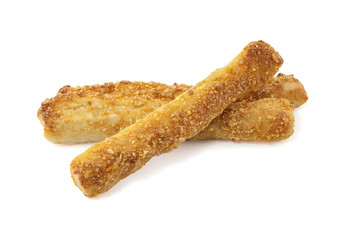 Homemade cheese bread sticks isolated on white background with clipping path.