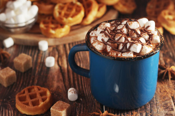 A mug with hot chocolate with marshmallow	