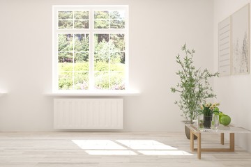Stylish empty room in white color with summer landscape in window. Scandinavian interior design. 3D illustration