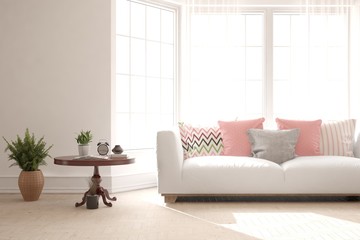 Stylish room in white color with sofa. Scandinavian interior design. 3D illustration