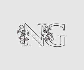 Letter N, G and NG Vintage Floral Logo Icon, overlapping monogram logo, Simple Swirl Black color Logo on white background. Classy Letter Logo Icon.
