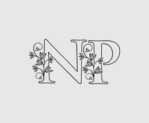 Letter N, P and NP Vintage Floral Logo Icon, overlapping monogram logo, Simple Swirl Black color Logo on white background. Classy Letter Logo Icon.